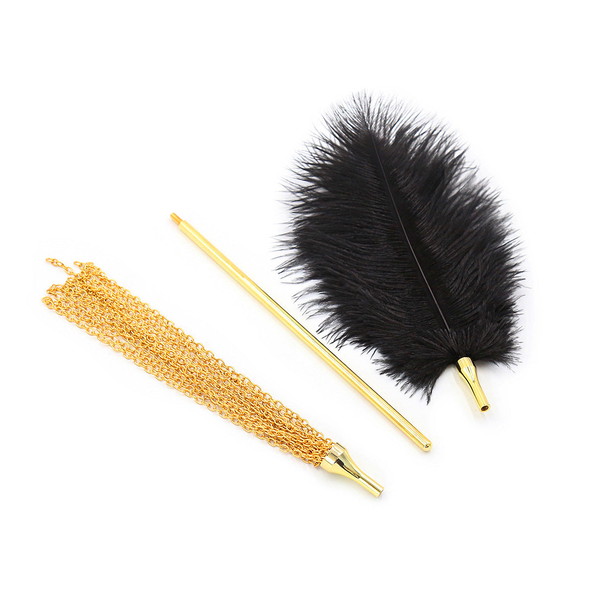 Feather Tickler With Gold Colored Metal Rod and Metal Chain Attachment