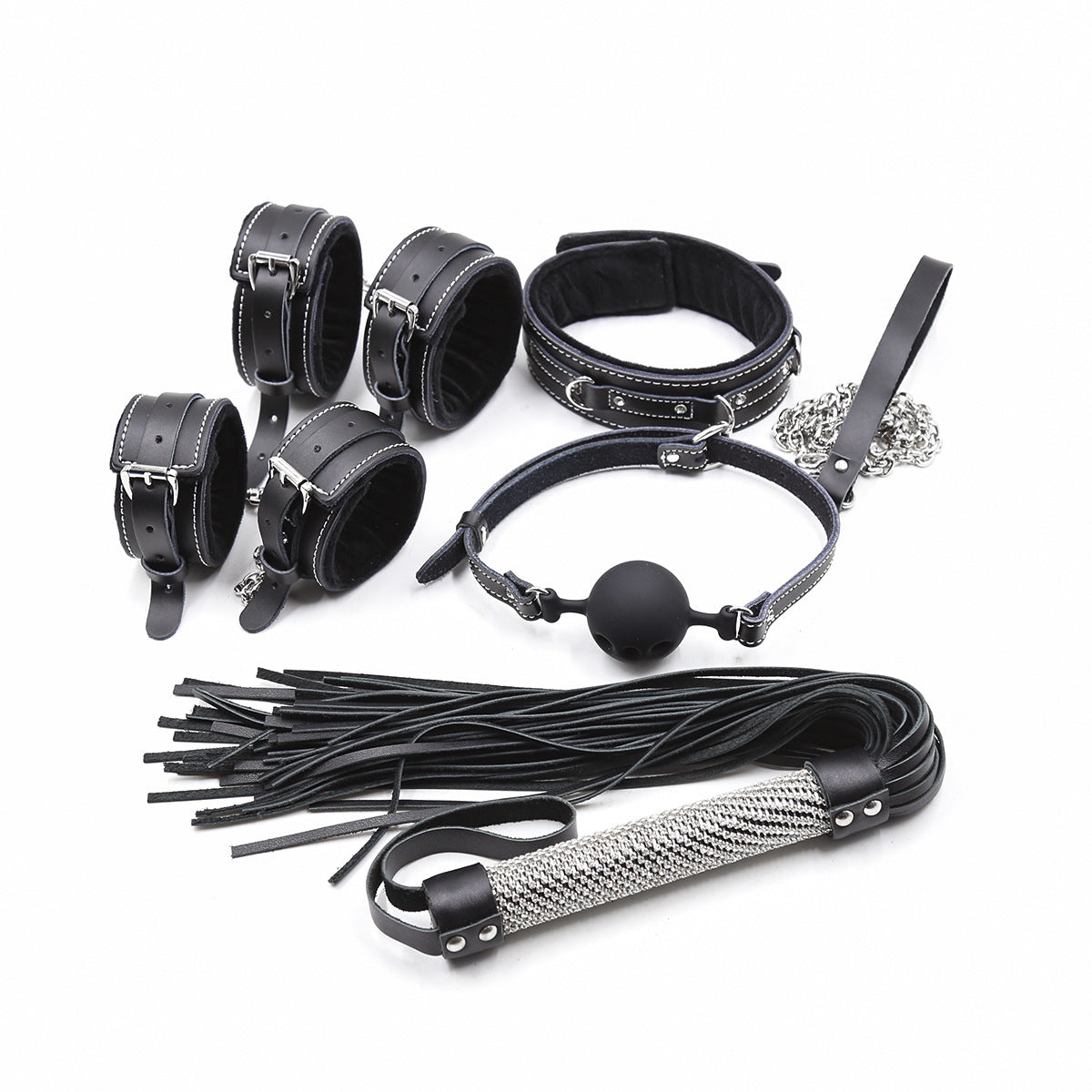 Five Piece Leather Restraint Set With Ankle and Wrist Cuffs, Ball Gag, Collar, and Flogger — Restraints & Gear > Mouth Gags