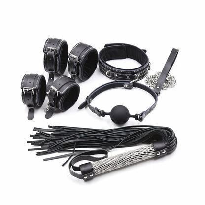 Five Piece Leather Restraint Set With Ankle and Wrist Cuffs, Ball Gag, Collar, and Flogger — Restraints & Gear > Mouth Gags
