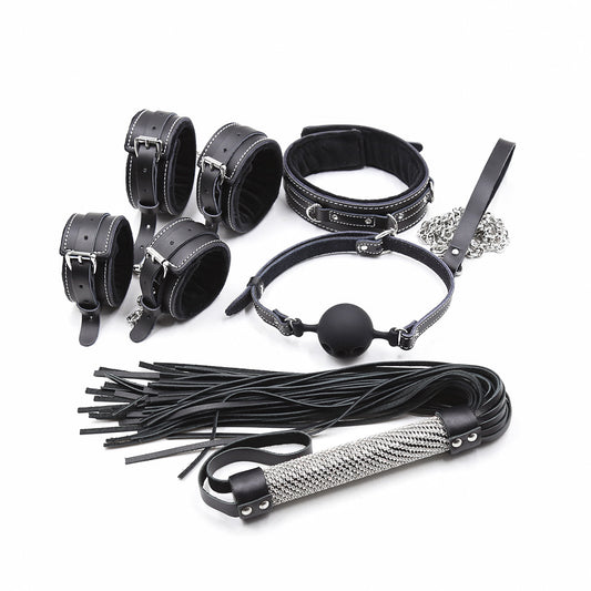 Five Piece Leather Restraint Set With Ankle and Wrist Cuffs, Ball Gag, Collar, and Flogger — Restraints & Gear > Mouth Gags