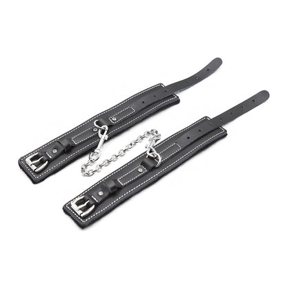 Five Piece Leather Restraint Set With Ankle and Wrist Cuffs, Ball Gag, Collar, and Flogger