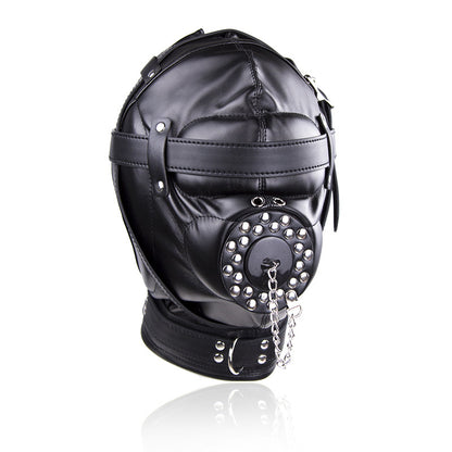 Vegan Leather Sensory Deprivation Hood With Sinkplug Mouth Attachment — Restraints & Gear > Hoods & Masks