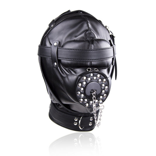 Vegan Leather Sensory Deprivation Hood With Sinkplug Mouth Attachment — Restraints & Gear > Hoods & Masks