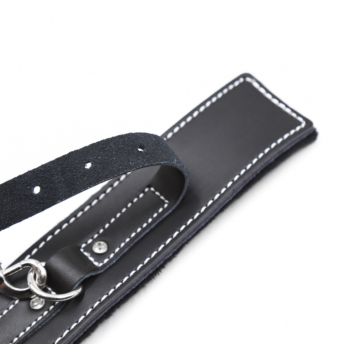 Five Piece Leather Restraint Set With Ankle and Wrist Cuffs, Ball Gag, Collar, and Flogger