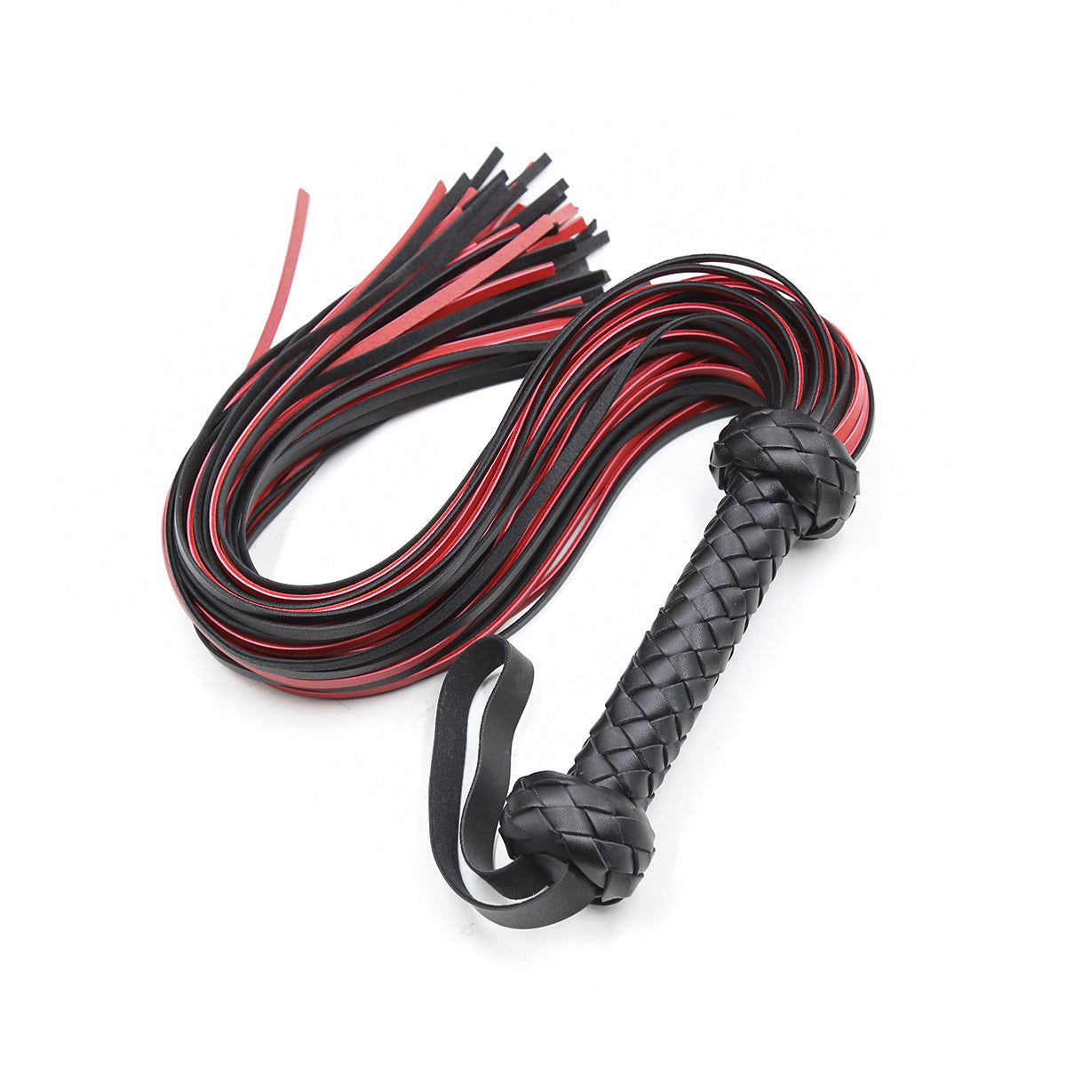 Black and Red Vegan Leather Flogger With Braided Handle — Impact & Training > Paddles, Crops, Canes