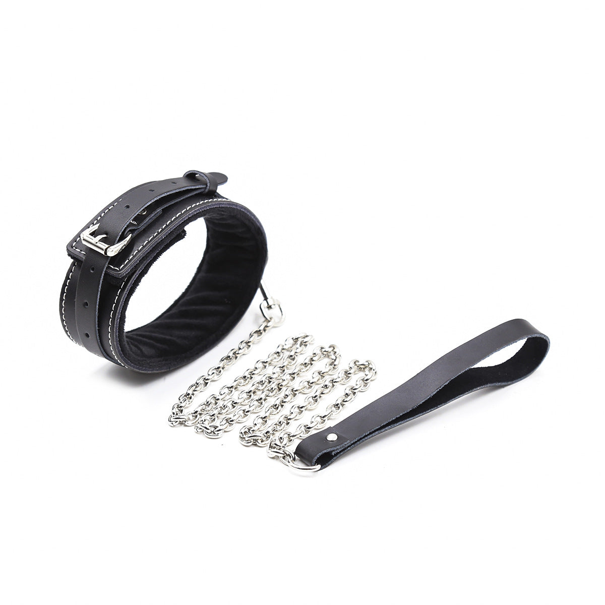 Five Piece Leather Restraint Set With Ankle and Wrist Cuffs, Ball Gag, Collar, and Flogger