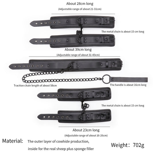 Leather Padded Ankle and Wrist Cuffs With Leash and Collar